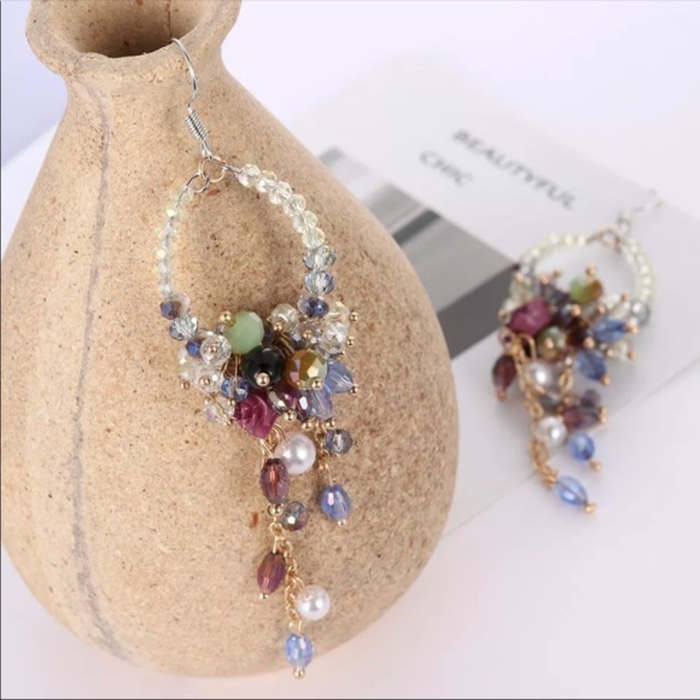 Handmade Bohemian Floral Wedding Earrings - Beaded Chandelier Dangles - Picture 10 of 15